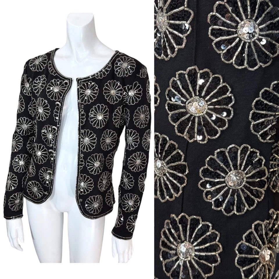 CHAQUETA VINTAGE AÑOS 90 MARGARITA LENTEJUELAS CUENTAS S Floral Glamour Cóctel Boda Boho Blazer Foto 1 de 4