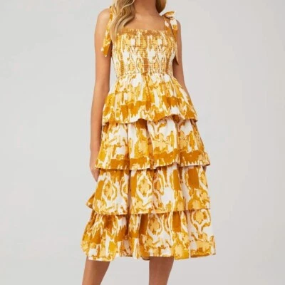 Cleobella Womens M Shae Ikat Smocked Tiered Tie Straps Sundress Midi Dress - Image 1 of 4