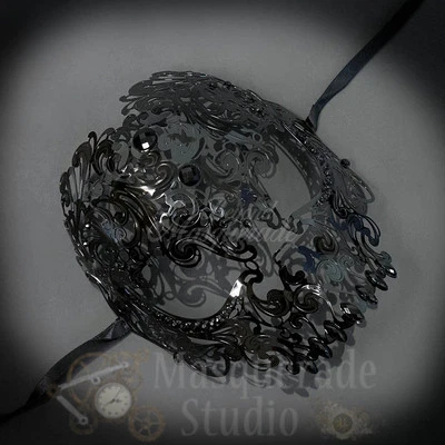 Womens Full Skull Phantom Filigree Metal Masquerade Mask [Black Rhinestones] - Image 1 of 4