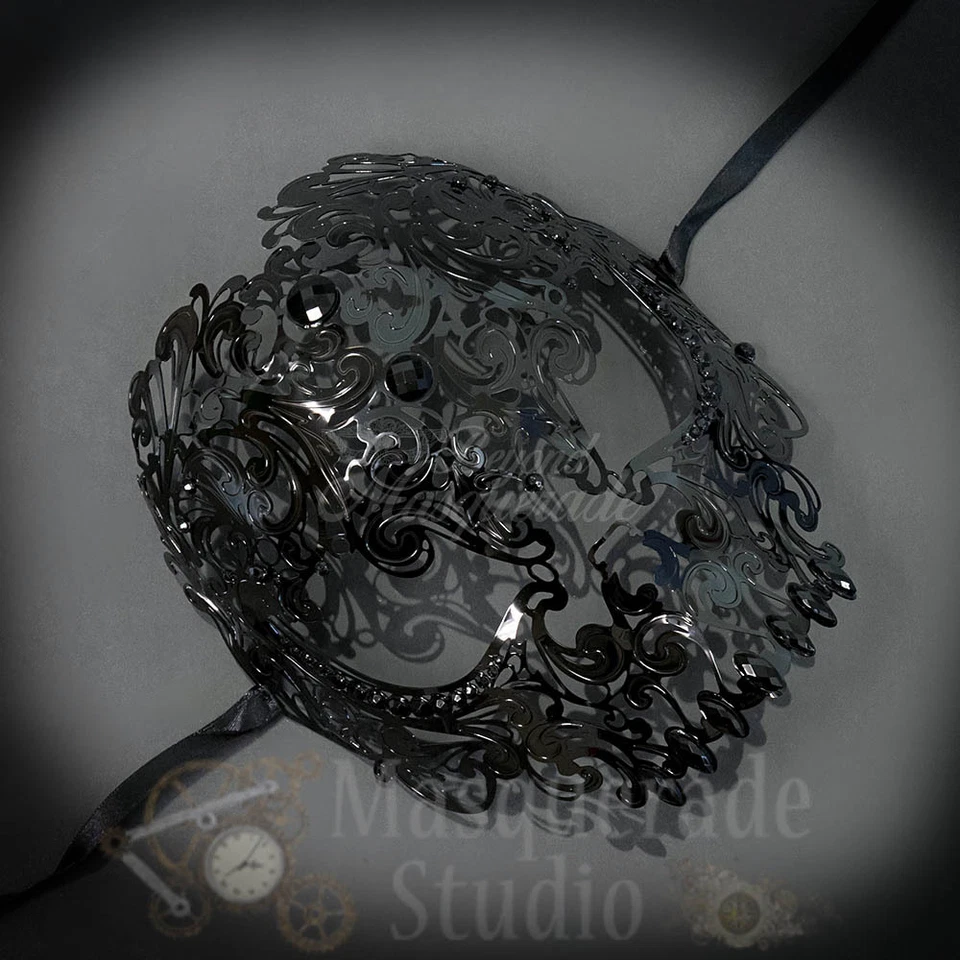 Womens Full Skull Phantom Filigree Metal Masquerade Mask [Black Rhinestones] - Image 1 of 4