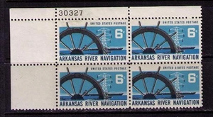 US USA Sc# 1358 MNH FVF Plate # Block Arkansas River Tiller Barge Electric Pylon - Picture 1 of 1