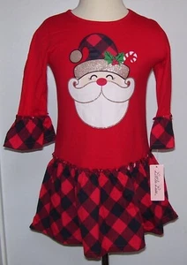 Girls Little Lass Red Black Buffalo Plaid Glitter Santa Christmas Dress 6X - Picture 1 of 4