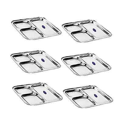 Conjunto de 6 Pratos Quadrados | Servir Lanches - Almoço Jantar Thali| 3 Compartimentos Profundos - Imagem 1 de 4