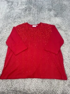 Quacker Factory Sweater Womans 3X Red Sequin Rhinestone 3/4 Sleeve Bling Granny - Picture 1 of 9