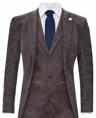 Mens Brown 3 Piece Tweed Suit Herringbone Wool Vintage Retro Peaky Blinders - Image 1 of 4
