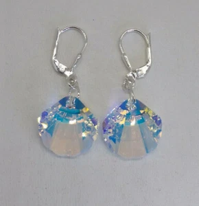 Handmade Sterling Silver Swarovski Crystal Clear AB Shell Earrings; Leverback - Picture 1 of 1