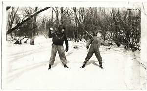 Vintage Old 1920 Photos of Two Boys Children Having a Snowball Fight Winter Fun - Picture 1 of 1