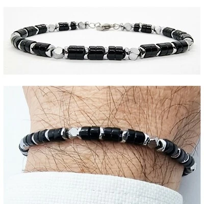 Pulsera Hombre En Piedra Dura Ónix Pulsera De Acero Inoxidable Con Pepitas Negro - Imagen 1 de 4