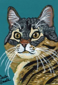 Pintura en miniatura original ACEO ATC marrón gato atigrado arte para mascotas -C. pequeño - Imagen 1 de 2