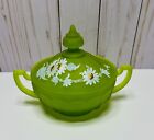 Rare Vintage Westmoreland Green Frosted Glass Daisies Candy Dish W/ Lid Handles