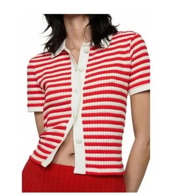 MNG Mango Combined knitted t-shirt Red White Stripe Womens Med - Image 1 of 4