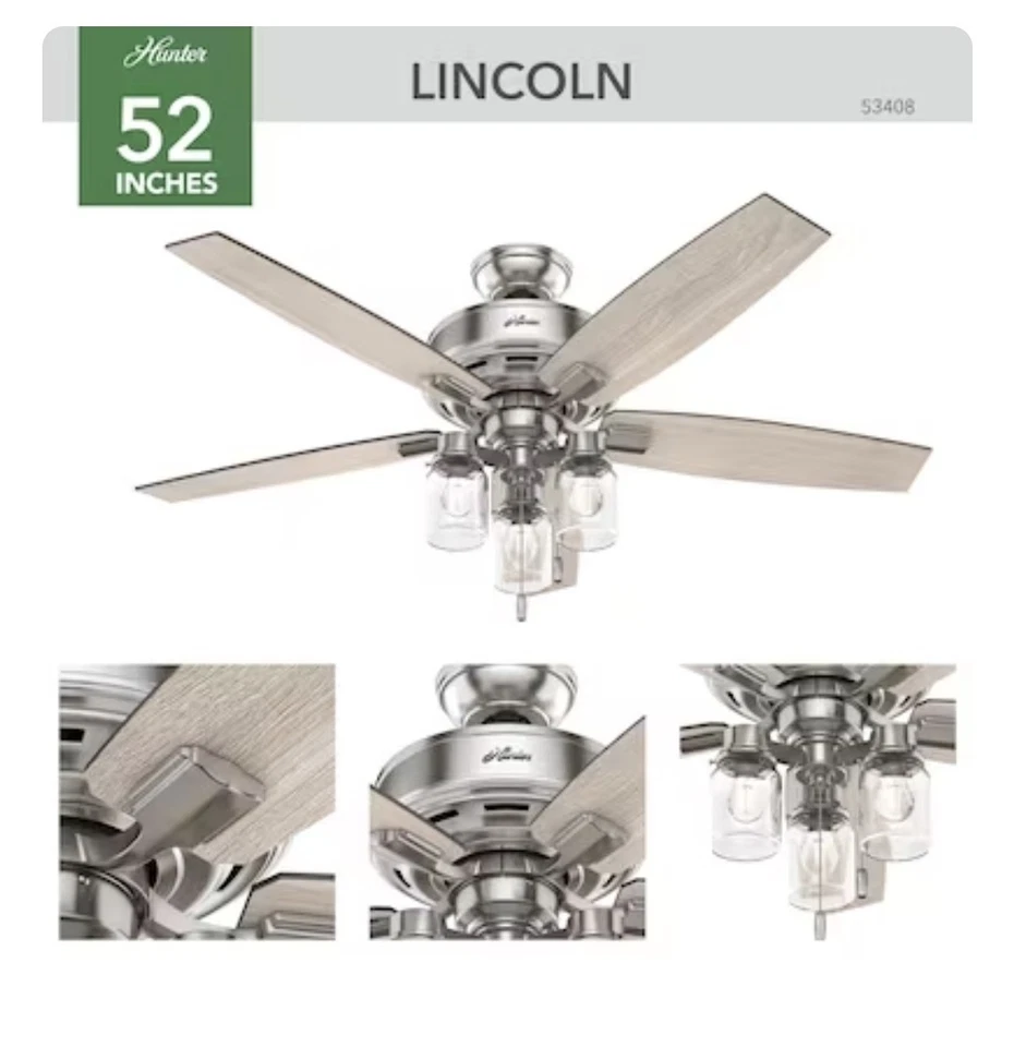 Hunter Lincoln 52 inch Ceiling Fan with LED Light - Brushed Nickel (53408) - Image 1 of 4
