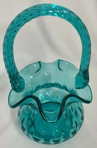 Vintage Fenton Teal Thumbprint Coin Dot Basket Vase Braided Handle 8.75 in H - Picture 1 of 8