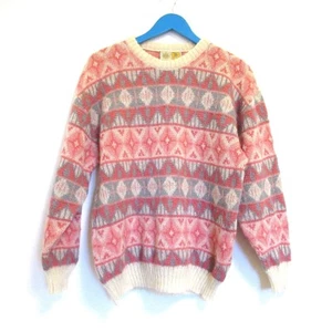 Vintage Iceware Sweater Womens Large Pink Wool Fair Isle Chunky Coquette Ski - Picture 1 of 8