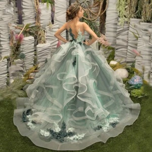 Flower Girl Dresses Green Tulle Ruffles Appliques Birthday First Communion Gowns - Picture 1 of 7