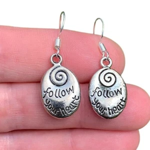 Pewter Oval "Follow Your Heart" Engraved Earrings Positive Statement Jewelry - Picture 1 of 9