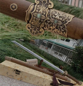 Damascus folded chinese mu dan sword copper flower accessories rose wood - Picture 1 of 9