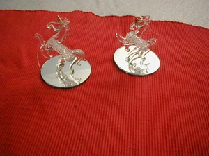 NIB SET OF 2 SPUN GLASS UNICORN ORNAMENTS STANDING ON ROUND GLASS MIRROR 2 1/2" - Picture 1 of 5
