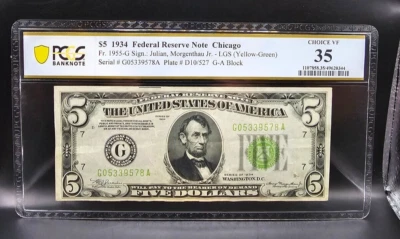 1934 $5 Federal Reserve Note Chicago Fr 1955-G PCGS Banknote 35 Very Fine LGS - Image 1 of 2