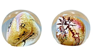 Two Satava Art Glass Paperweights Petroglyph Cave Paintings 1989 1990 Signed - Picture 1 of 14