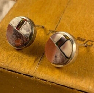  Zuni Native American, Sterling/Picture Japer/Fire Opal Inlaid Handmade Earrings - Picture 1 of 4