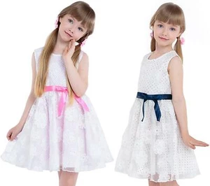 Little Girl Dress with Ribbon Lace Top Cotton for Kids 2-7 Years Old Pink / Blue - Picture 1 of 14