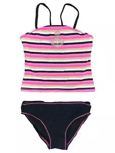 Girls Pink & Black Stripe Tankini Rhinestone Anchor 2 Piece Swimsuit Swimwear - Picture 1 of 1