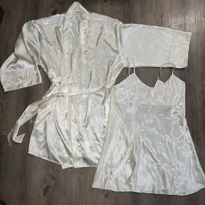 Conjunto de vestido sin mangas y bata lencería Jaclyn Smith vintage satinado bordado talla grande Foto 1 de 4