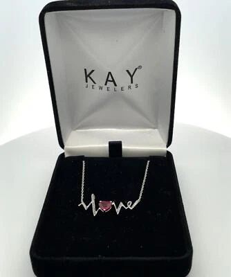 18" Sterling Silver and White Sapphire Love Necklace w/ Lab Created Ruby Heart - Image 1 of 4