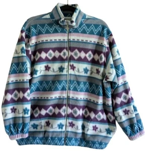 Alfred Dunner Large Floral Zip Up Fleece Jacket Purple Blue Gray Granny - Picture 1 of 11