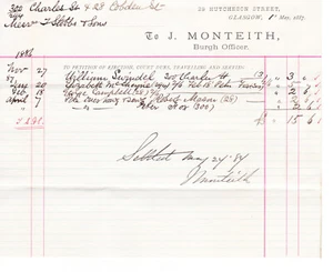 1887 J Monteith Burgh Officer Glasgow Billhead Invoice Receipt - Picture 1 of 2
