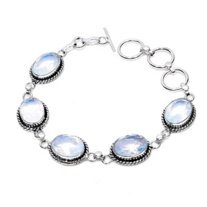 925 Sterling Silver Moonstone Gemstone Handmade Jewelry Bracelet Size-7-8 - Picture 1 of 7