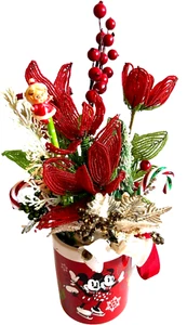 VTG. 4 French Red Beaded Flowers Handmade Christmas Floral Mickey Mouse Cup - Picture 1 of 10