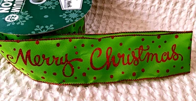 Wired Ribbon MERRY CHRISTMAS 2.5 Wide 5 Yard Holiday Theme  Green RED Letter NEW - Image 1 of 4