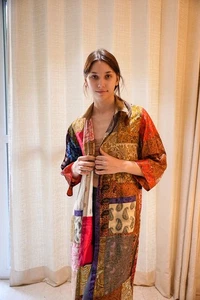 100 % Krepp Seide mehrfarbig Patchwork Kimono lang Nacht Blumen Morgenmantel PS PWK1065 - Bild 1 von 12