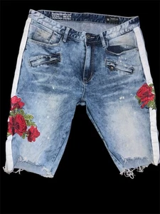Smoke Rise Denim Men’s Shorts With Embroidered Roses On The Sides Distressed ￼36 - Picture 1 of 4