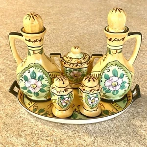 Charming Mid Century Ceramic  Oil Vinegar Mustard Salt Pepper Cruet set w/Tray - Picture 1 of 15