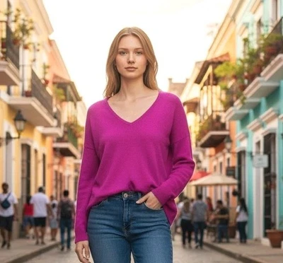 Suéter de cachemir rosa para mujer talla grande clásico Ann Taylor minimalista cuello en V Foto 1 de 4