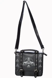Banned Moth Satchel Bag - Gothic Occult Black Handbag with Moon & Moth Print - Picture 1 of 4
