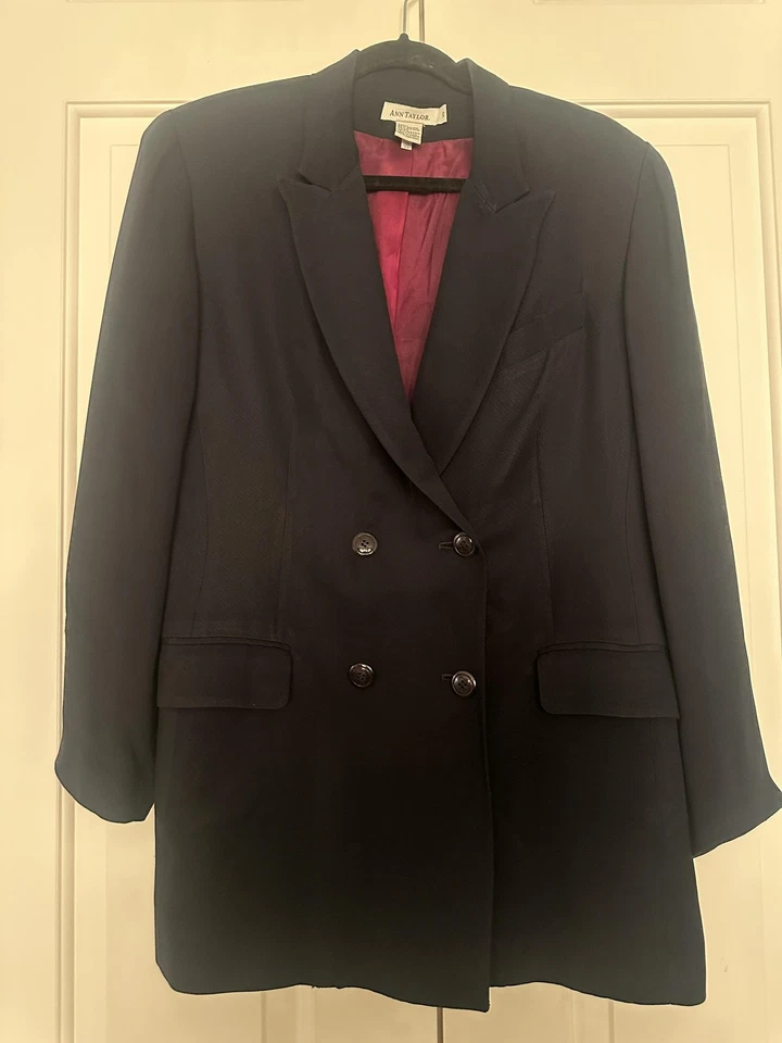 Blazer Ann Taylor Vintage Mujer 10 Azul Marino Doble Pecho Largo Forrado Chaqueta Años 90 Foto 1 de 4