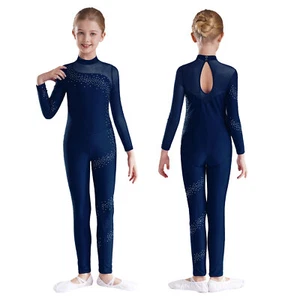 Kids Girls Bodysuit Sports Dancewear Shiny Jumpsuit Patchwork Costume Unitard - Picture 1 of 56
