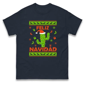 Feliz Navidad Rentier Weihnachten T-Shirt, Weihnachtsmann Kaktus lustig Weihnachten Tee - Bild 1 von 7