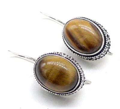 Pendiente de joyería vintage hecho a mano de plata esterlina 925 con piedras preciosas ojo de tigre S-1,50 Foto 1 de 4