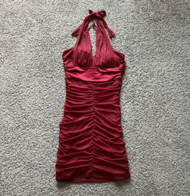 Vestido Tabú Y2K Años 2000 Grande Rojo Brillo Halter Mini Acanalado Cóctel Fiesta Club Foto 1 de 4