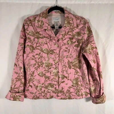 Chaqueta para mujer Villager Liz Claiborne grande rosa floral abotonada algodón elástico Foto 1 de 4