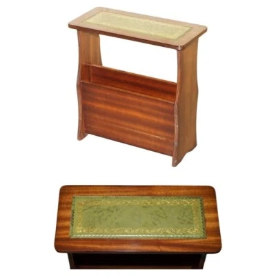 REVISTA DE MESA DE VINO VINTAGE DE CUERO VERDE Y CAOBA FLAMEADA CON EXTREMO LATERAL Foto 1 de 4