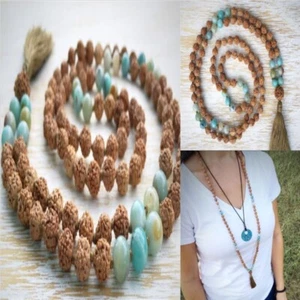 8mm Amazoniumite Rudraksha Mala necklace 108 Beads Tassel Choker Zen Spiritual - Picture 1 of 5