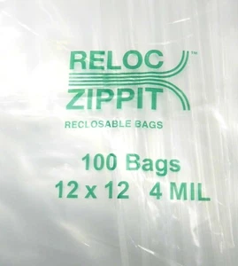 100 Reloc Zippit Reclosable 4 MIL Clear Bags 12" Square Poly 4mil Clear 12"x 12" - Picture 1 of 5