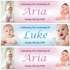 2 Personalised Christening Banner Baptism Naming Day Photo Baby Party Poster - Picture 1 of 4