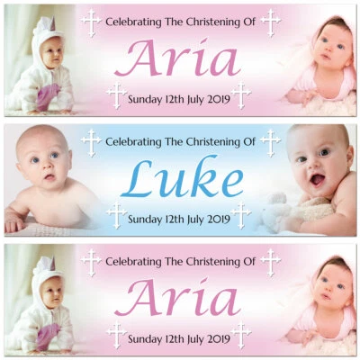 2 Personalised Christening Banner Baptism Naming Day Photo Baby Party Poster - Image 1 of 2